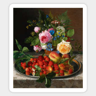 Still Life with Roses and Strawberries on a Silver Salver by Otto Didrik Ottesen Sticker